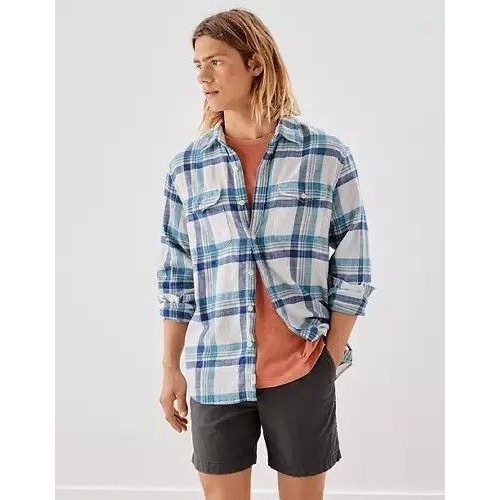 American Eagle Super Soft Beach Flannel Shirt Men's Med Blue & White Plaid Euc